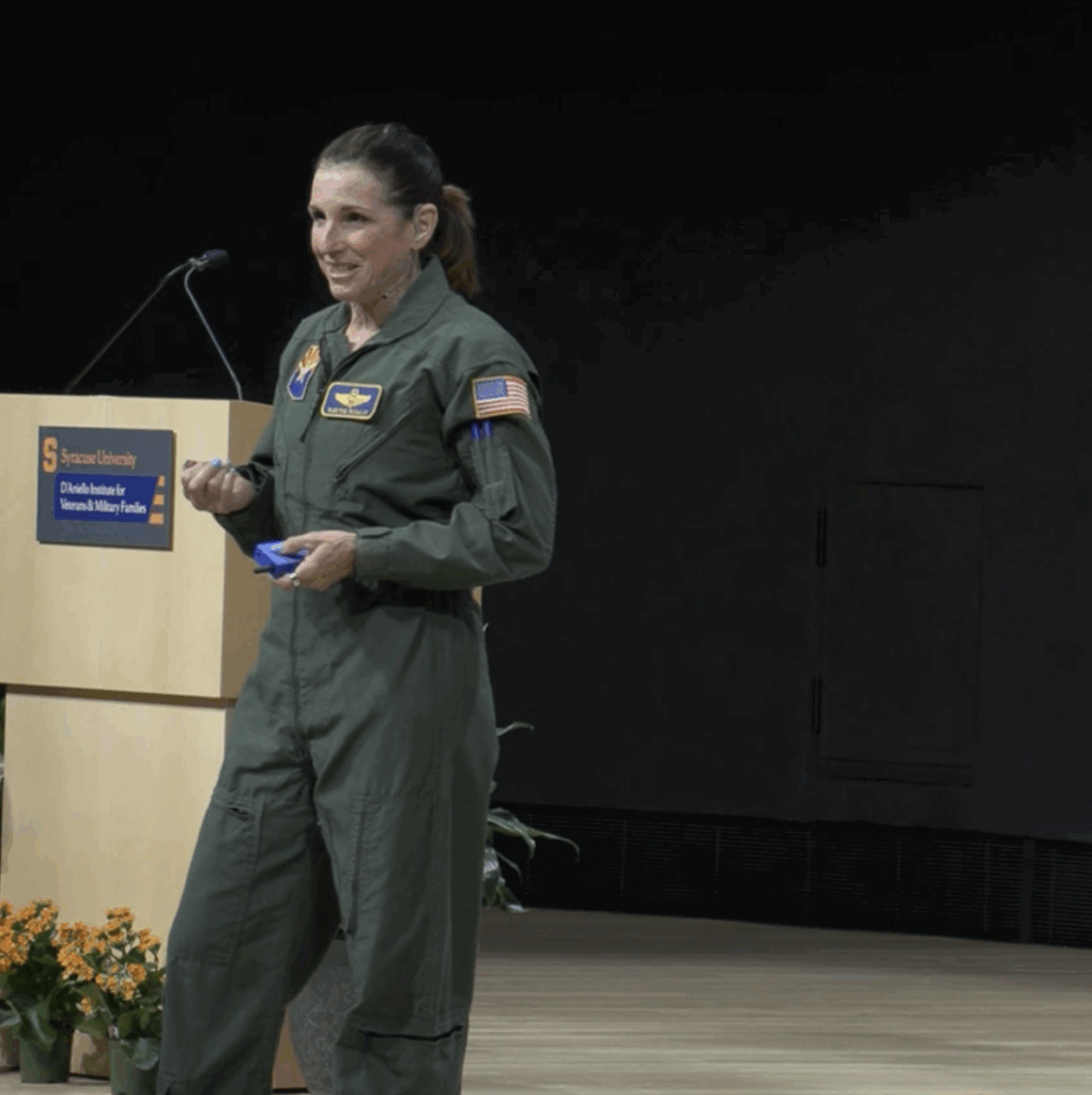 Former fighter pilot Martha McSally addresses students and veterans in Syracuse, encouraging them to overcome adversity. 